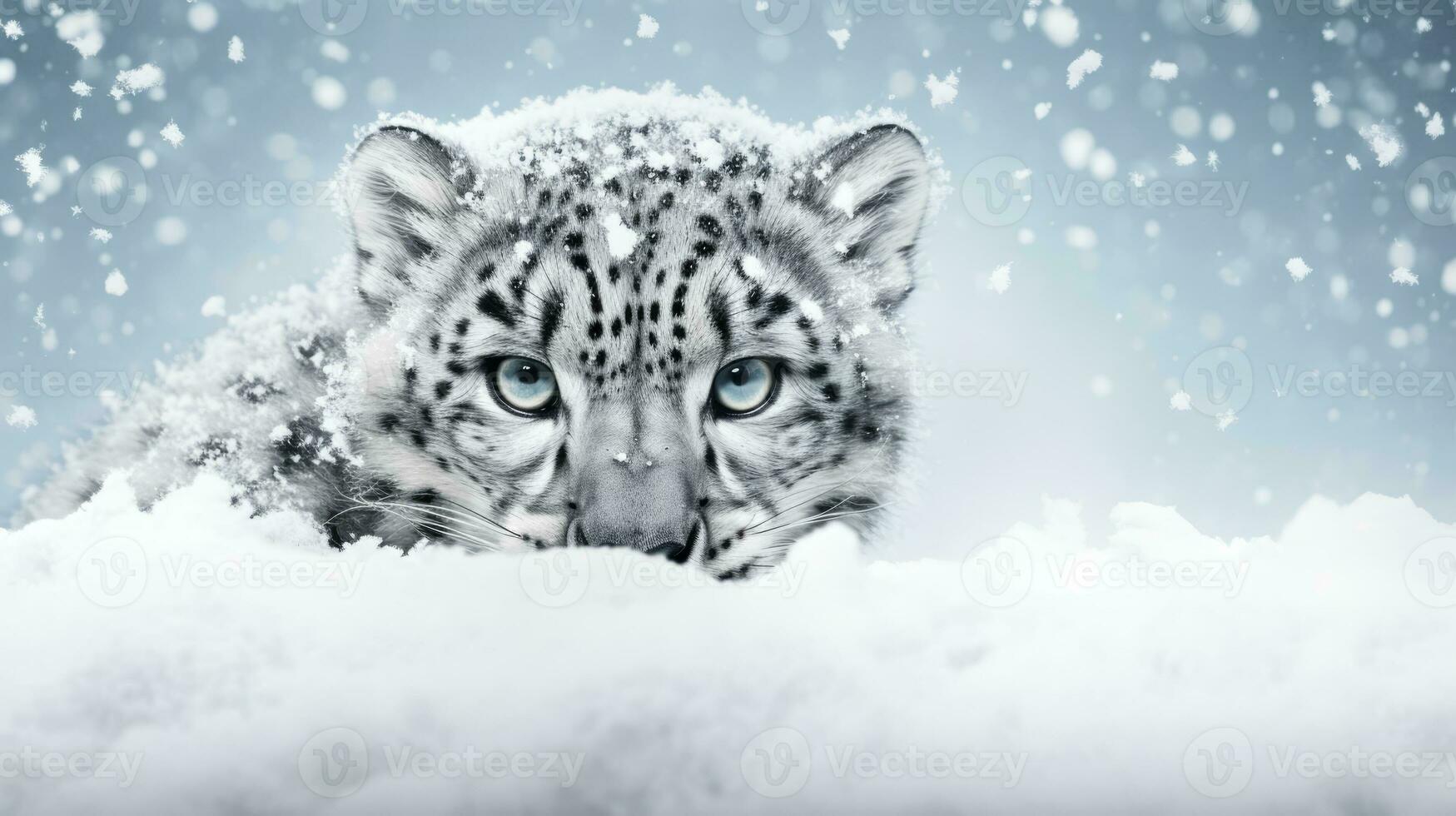 Snow leopard on snow background with empty space for text photo