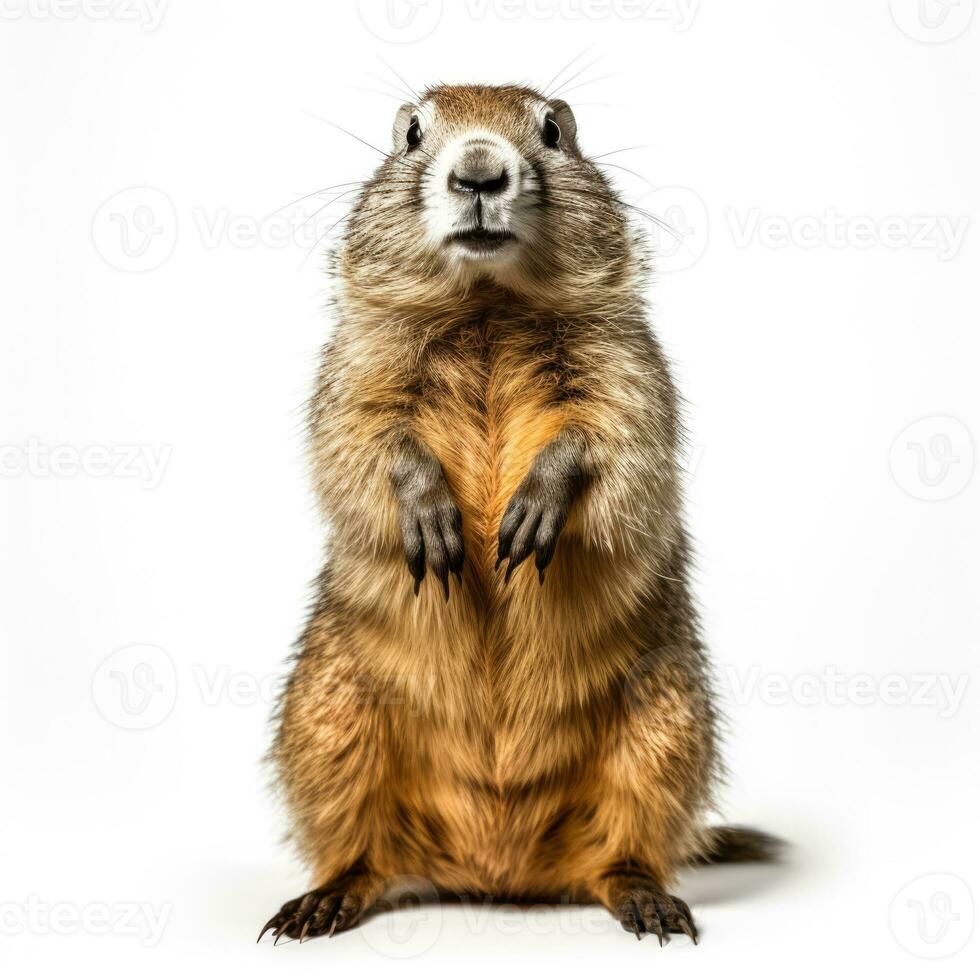 Winter alpine marmot isolated on white background photo