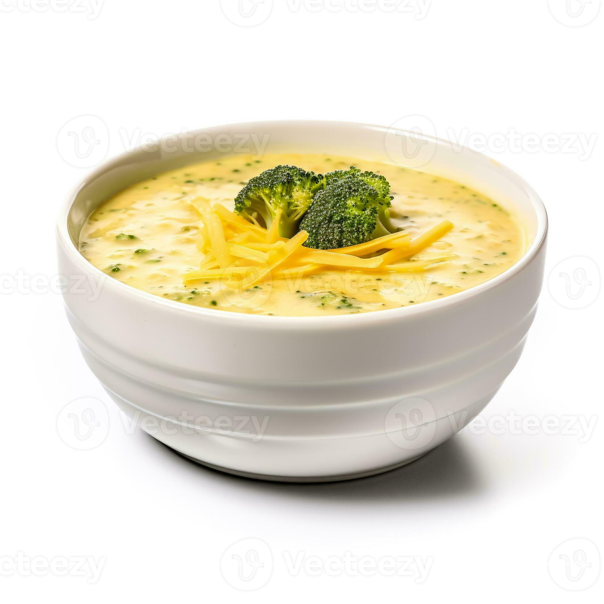 Creamy and cheesy broccoli cheddar soup isolated on white background