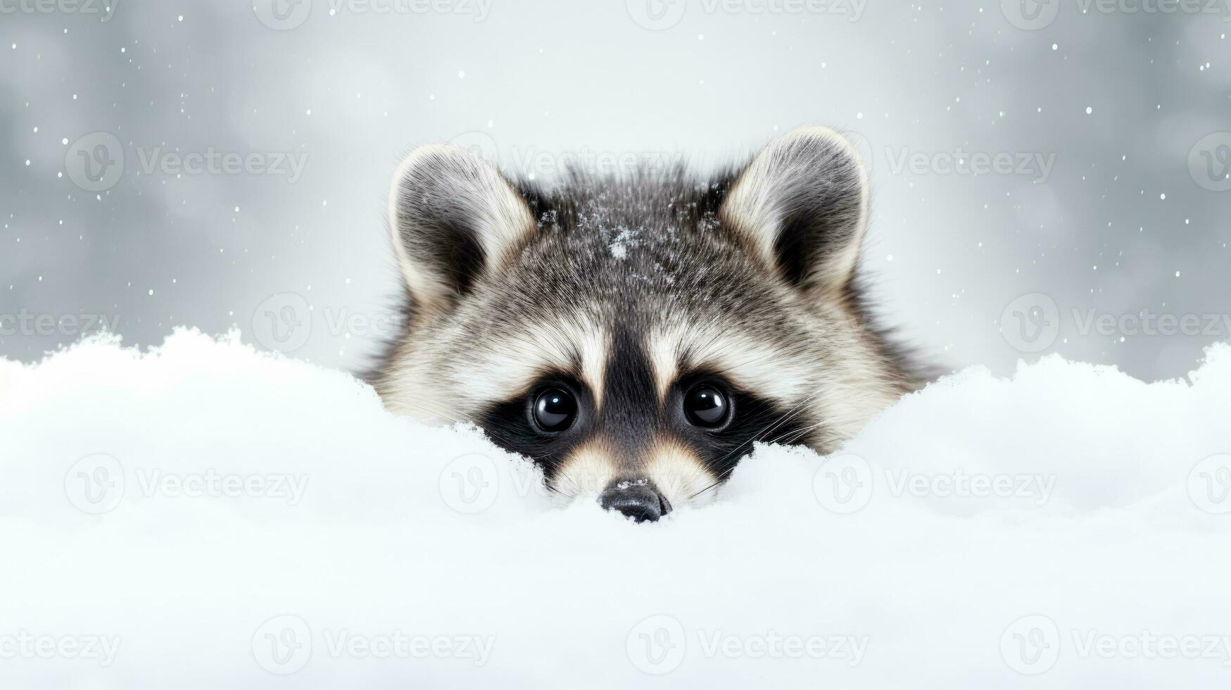 Snowy raccoon on snow background with empty space for text photo