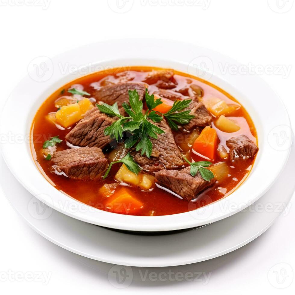 Traditional vegetable beef soup isolated on white background photo