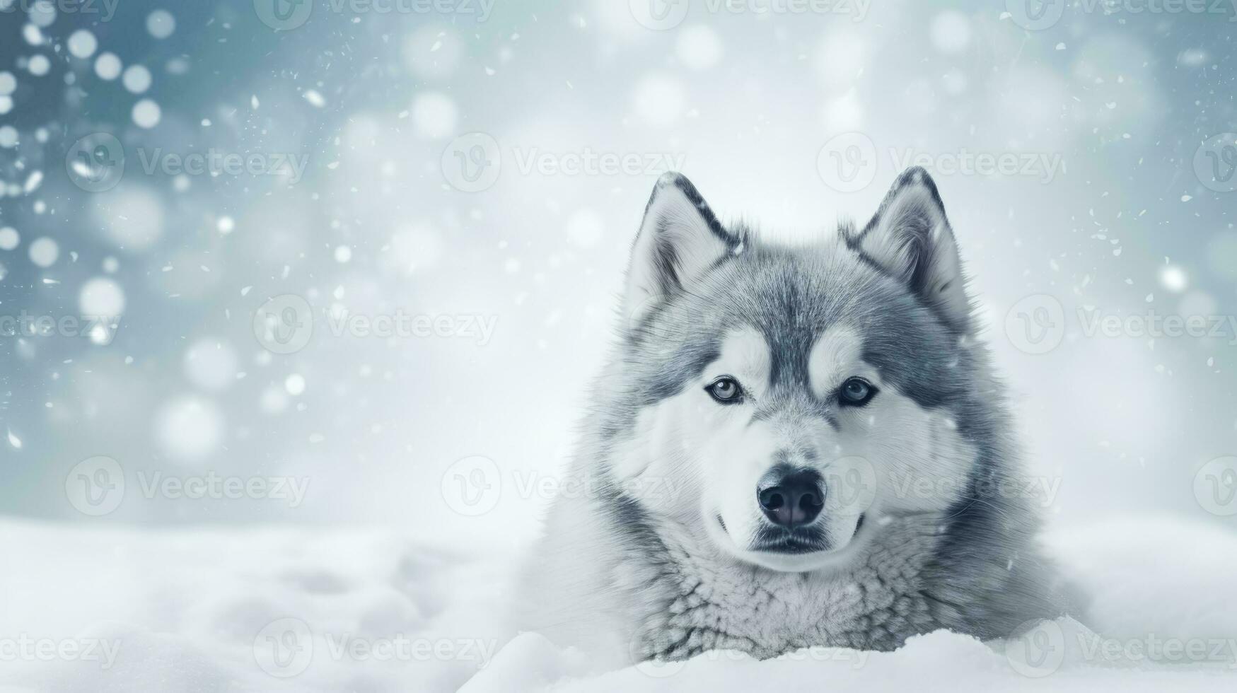 Husky dog on snow background with empty space for text photo
