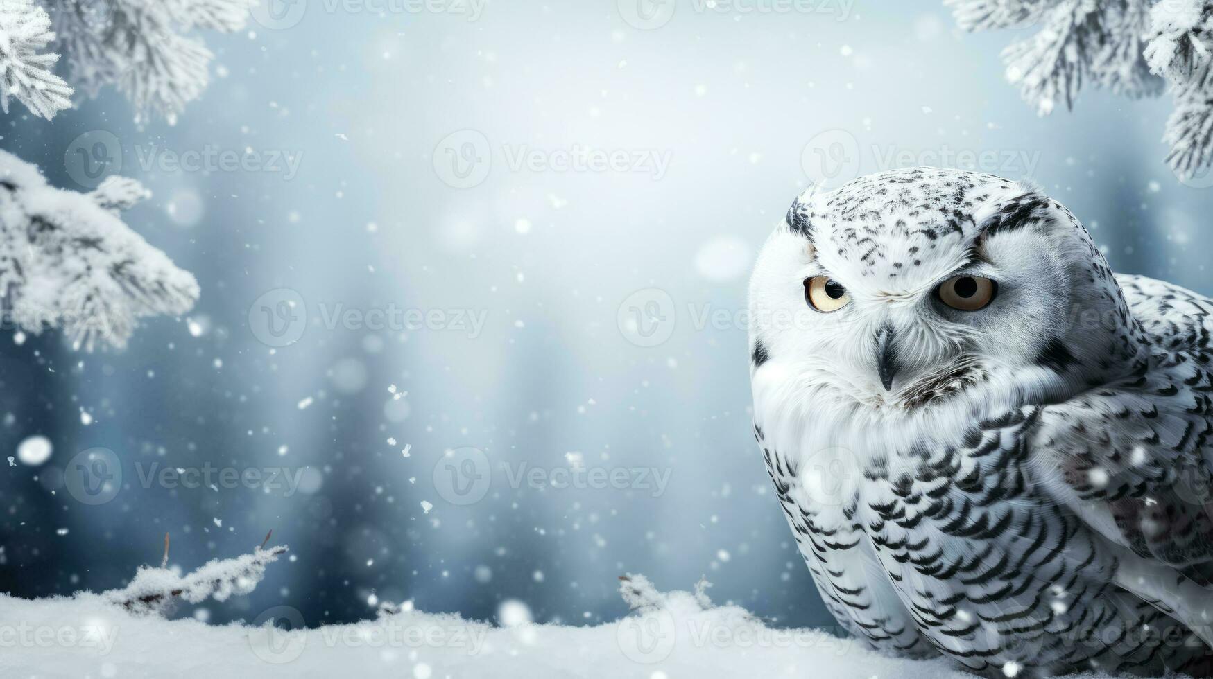 Snowy owl on snow background with empty space for text photo
