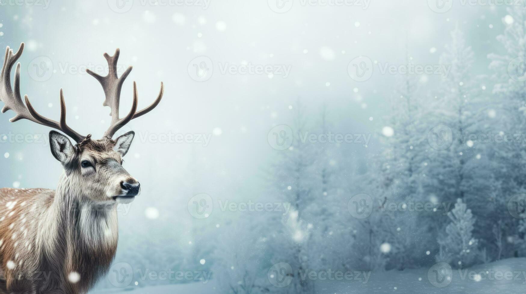 Reindeer on snow background with empty space for text photo