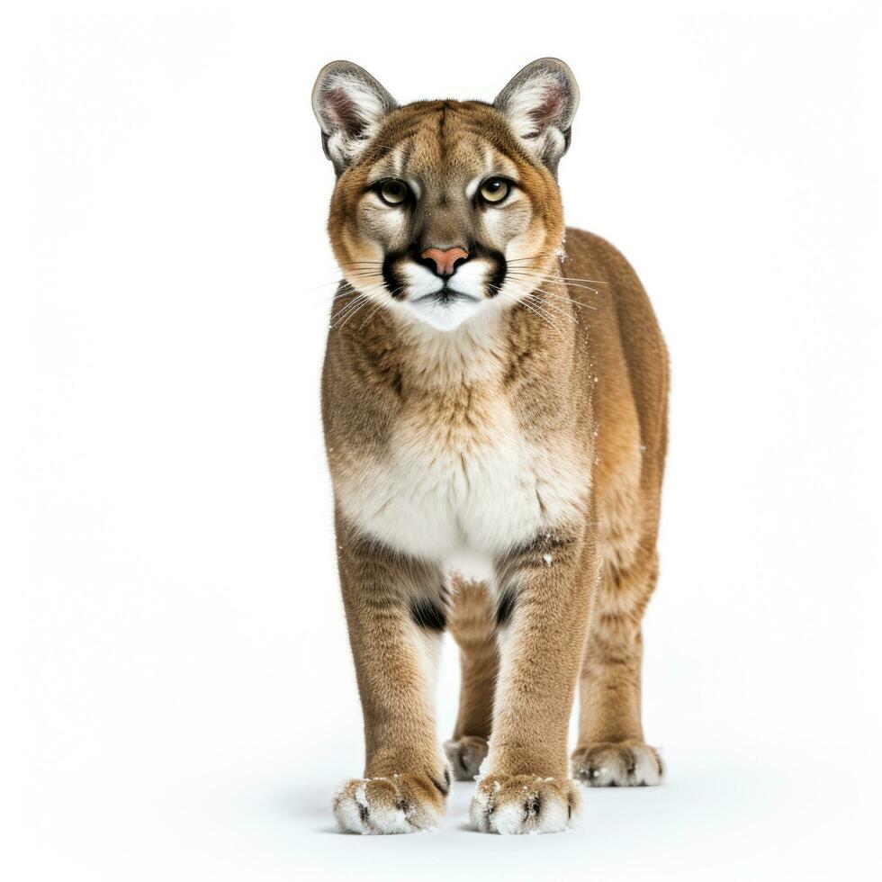 Winter mountain lion in snow isolated on white background photo