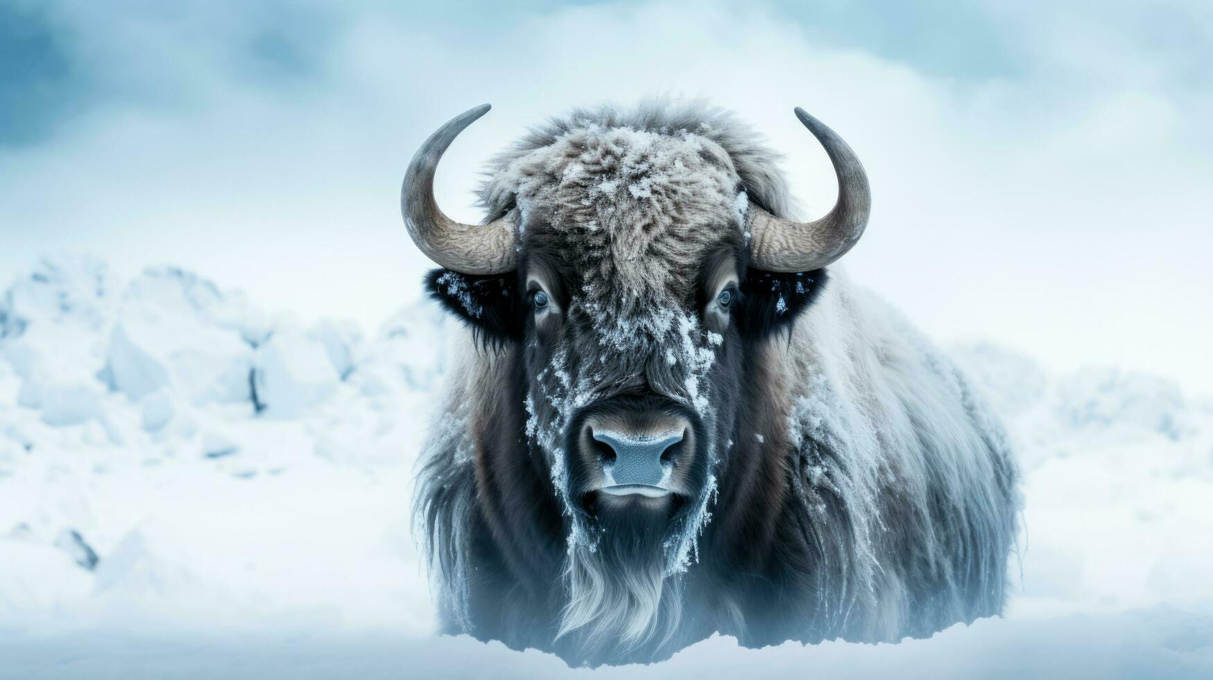 Snowy bison on snow background with empty space for text photo