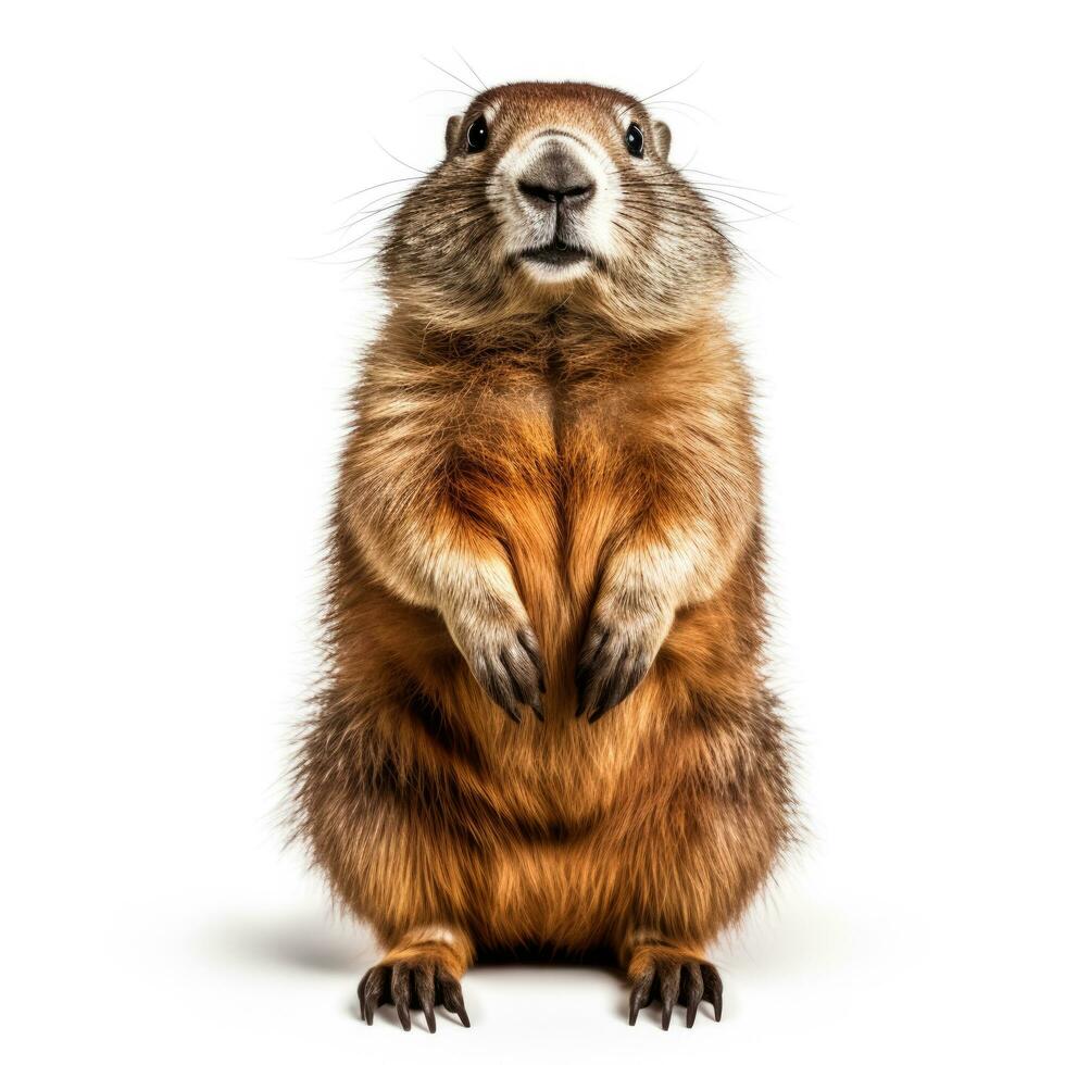 Winter alpine marmot isolated on white background photo
