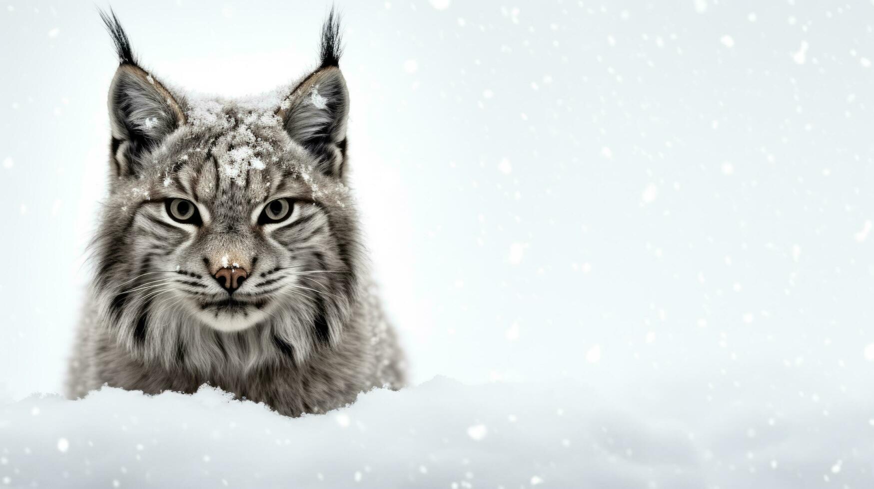 Snowy lynx on snow background with empty space for text photo