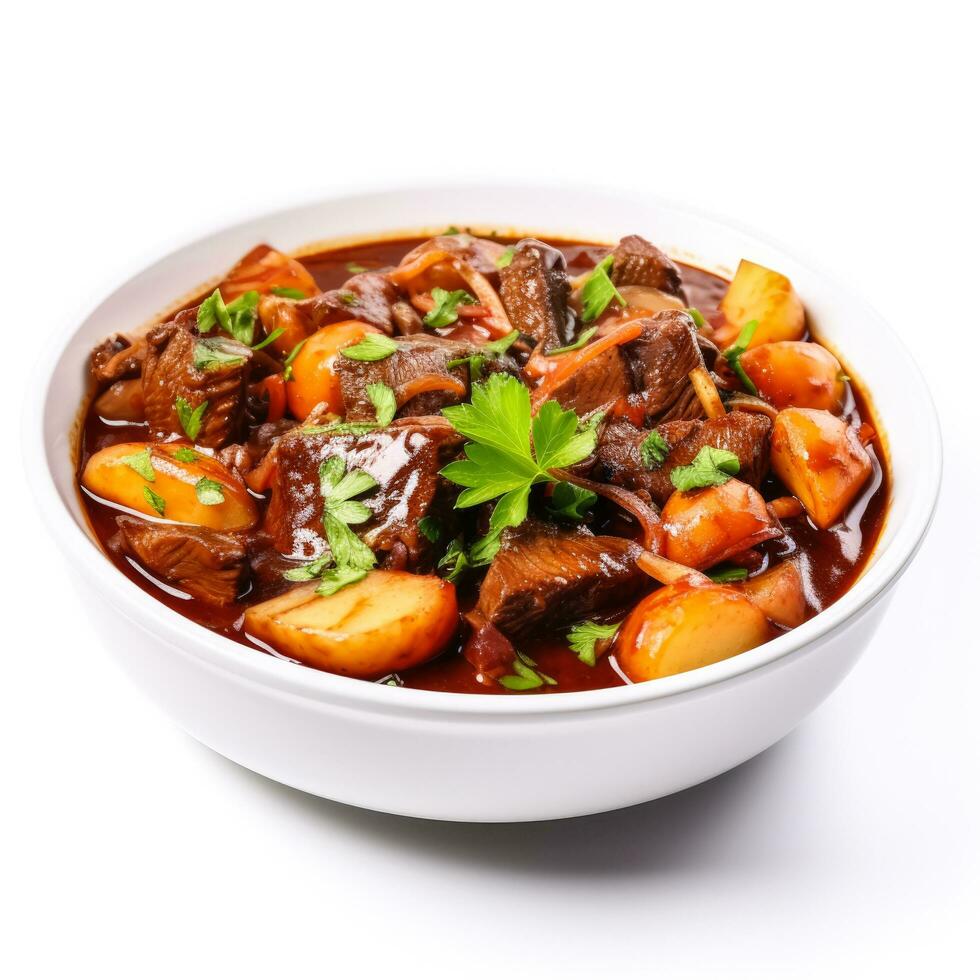 Hearty and flavorful beef and vegetable stew isolated on white background photo