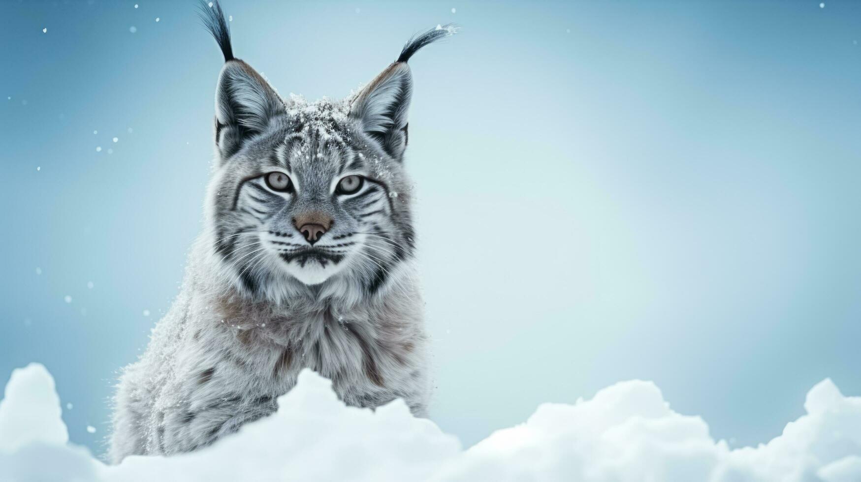 Snowy lynx on snow background with empty space for text photo