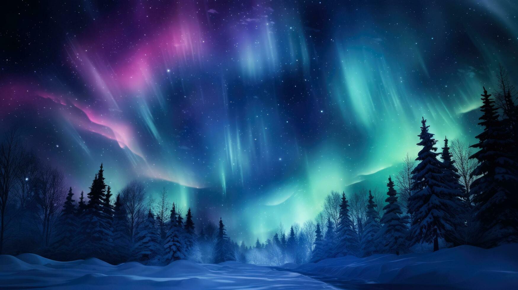 Enchanting auroras in the winter sky with empty space for text photo