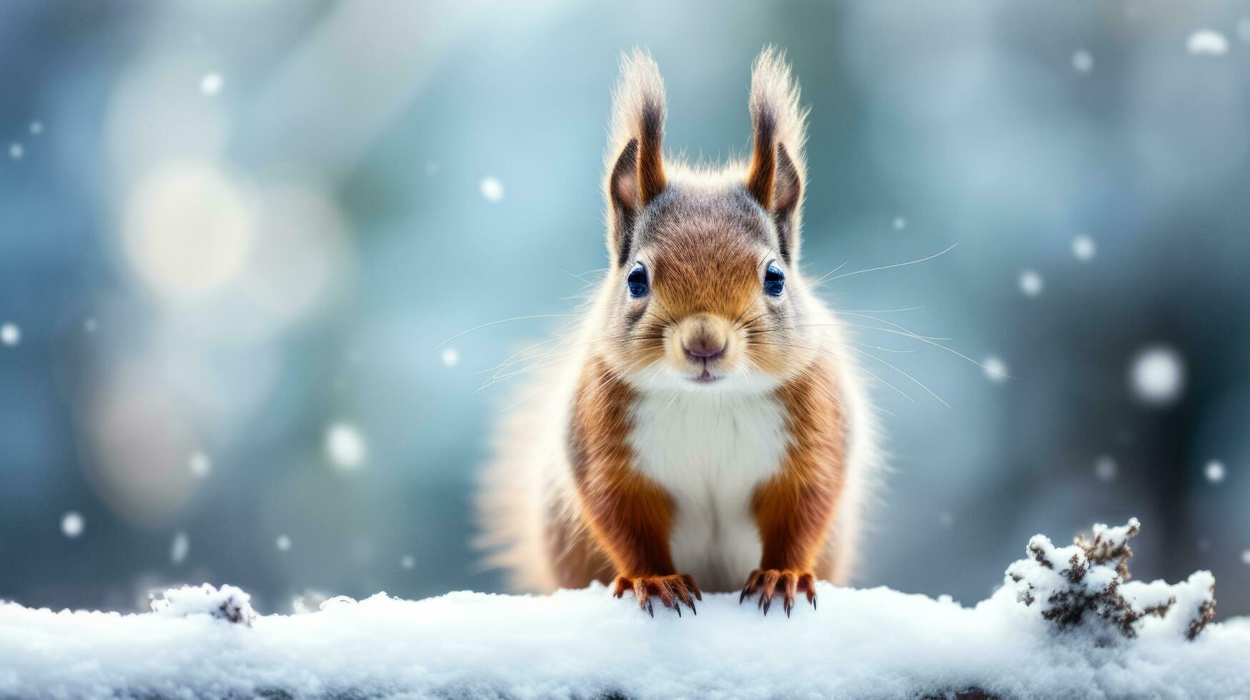 Squirrel on snow background with empty space for text photo