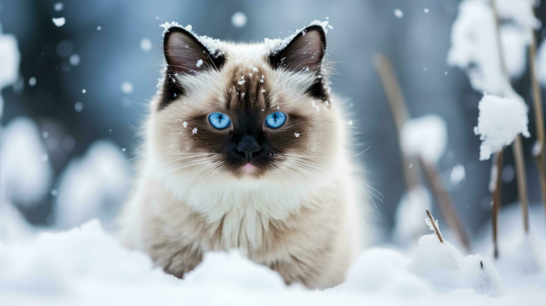 Snowshoe cat on snow background with empty space for text photo