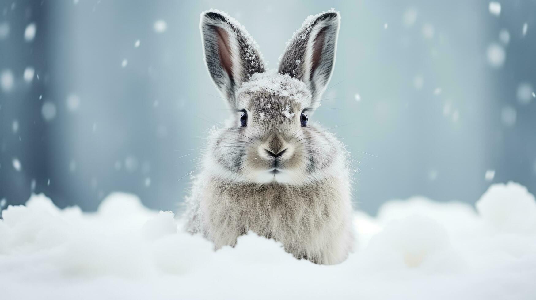 Snow hare on snow background with empty space for text photo