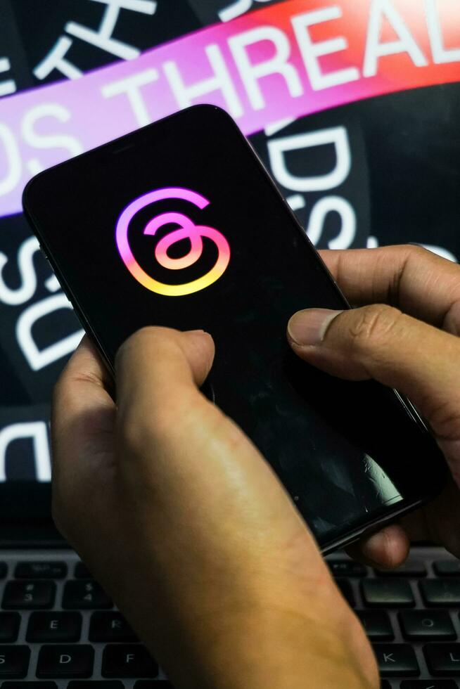 Jakarta, Indonesia, July 12, 2023, threads app logo is visible on the screen. The new application from Meta Platforms is a competitor to Twitter. photo