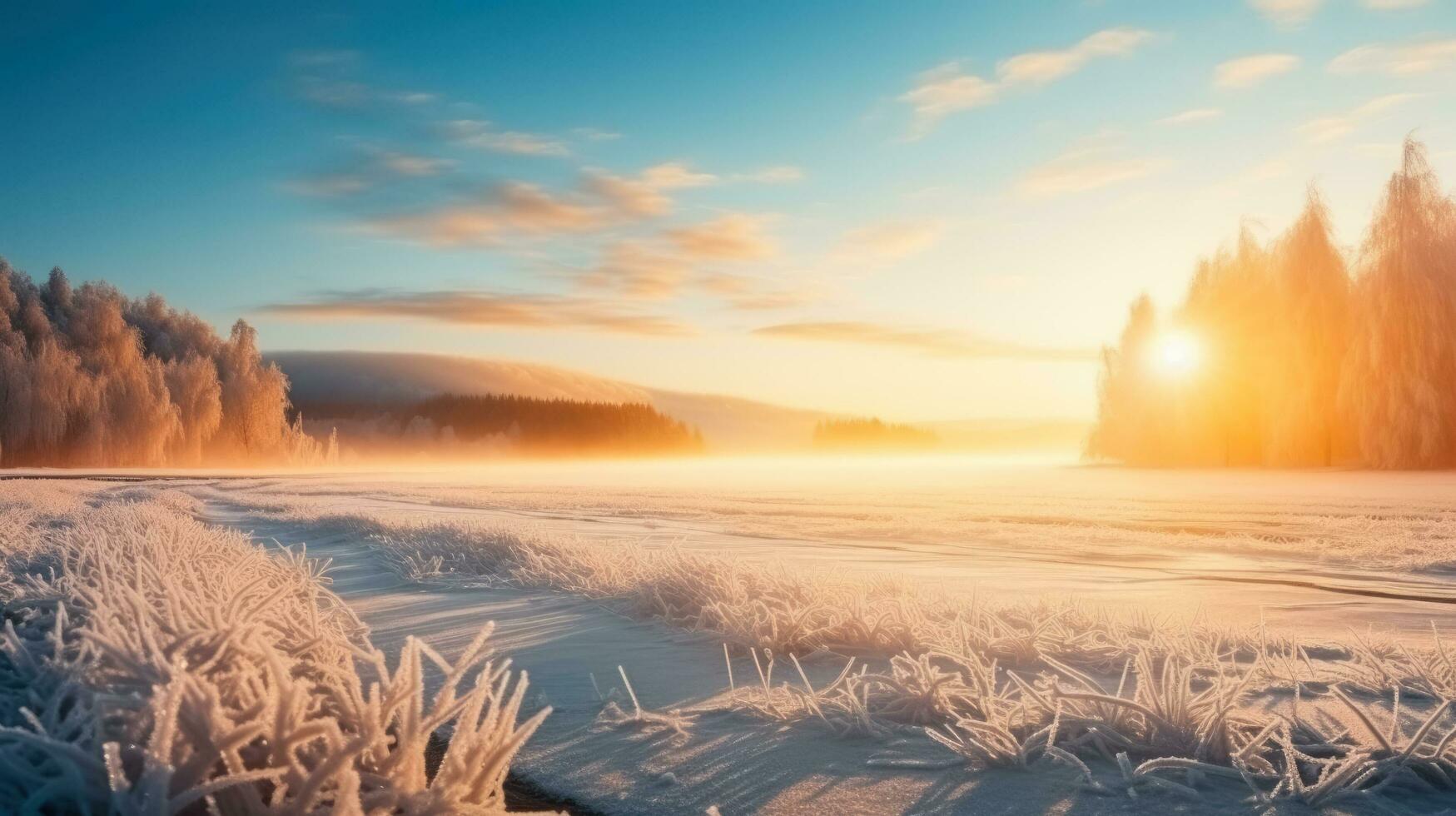 Frosty morning sunrise background with empty space for text photo