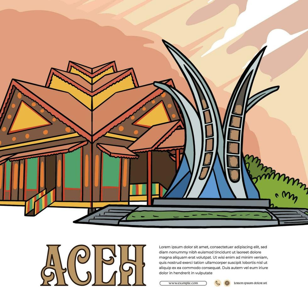 social medios de comunicación enviar diseño modelo para turismo con aceh cultura ilustración vector