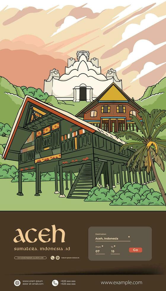 cubrir libro revista diseño modelo para turismo con aceh cultura ilustración vector