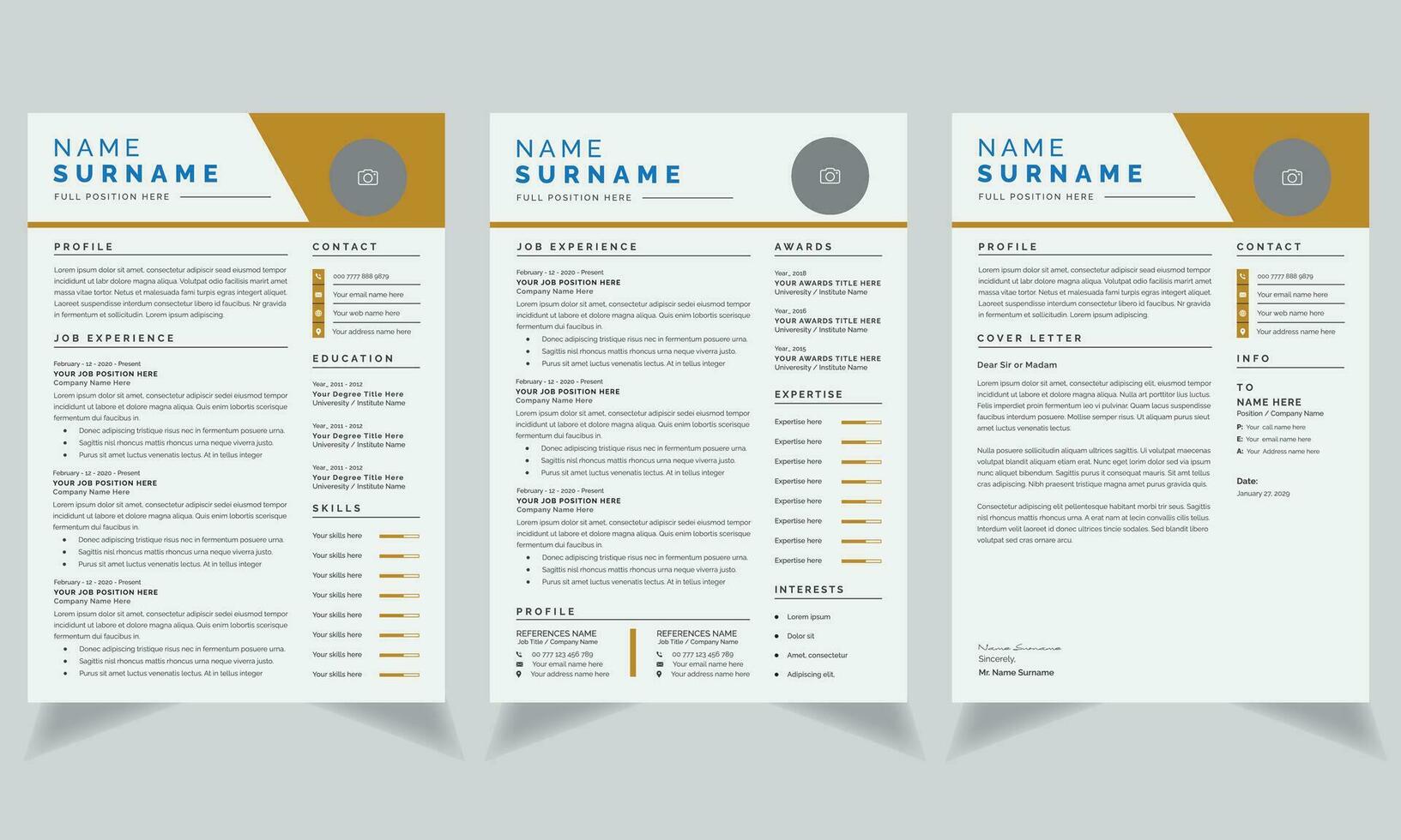 amarillo encabezamiento currículum diseño con CV modelo y cubrir letra vector