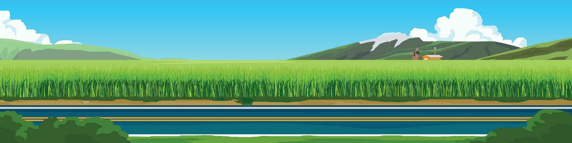 Transport of travel road with nature for banner. Empty asphalt road beside of road with green grass. Mountain and blue sky with white clouds. Copy Space Flat Vector. vector