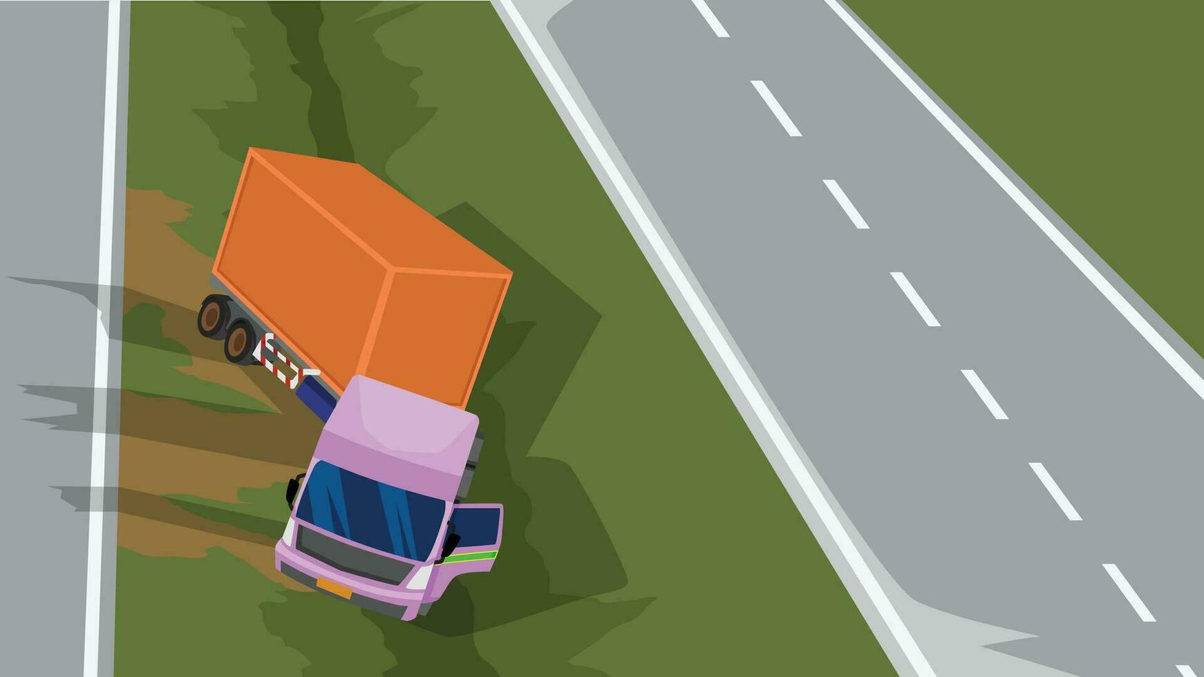 Accident with a cartoon of container truck falling off the road. Passed away and landed in the middle of the road. Two parallel roads. vector