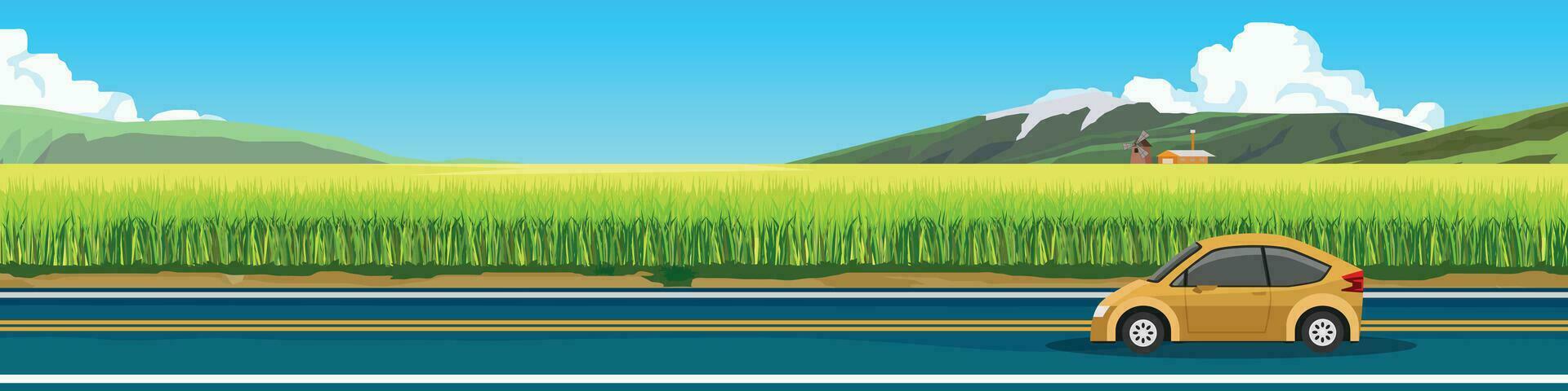 Transport of mini car travel for banner. Mini car orange color driving on asphalt road.  Beside of road with green grass.  Mountain and blue sky with white clouds. Copy Space Flat Vector. vector