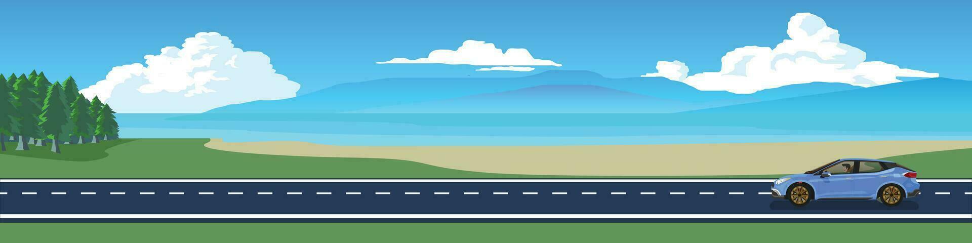 Cartoon transport travel for banner. Sport car with driving for travel.  Asphalt road near the green grass and trees. Travel on sea beach with island under blue sky and white clouds for background. vector