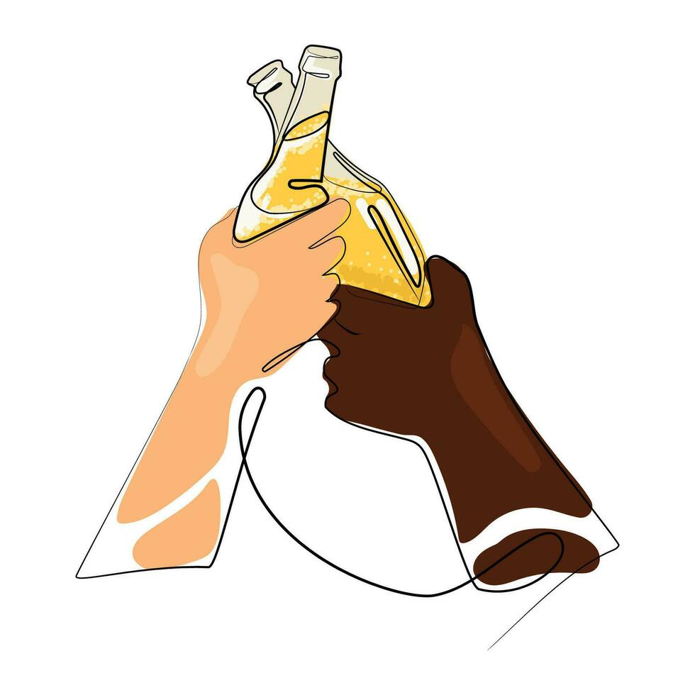 Two hands of different skin color holding two beer bottles.Clinking glasses.Party celebration in a pub.Vector illustration of two drunk person drinking beer on white.African American hand and European vector