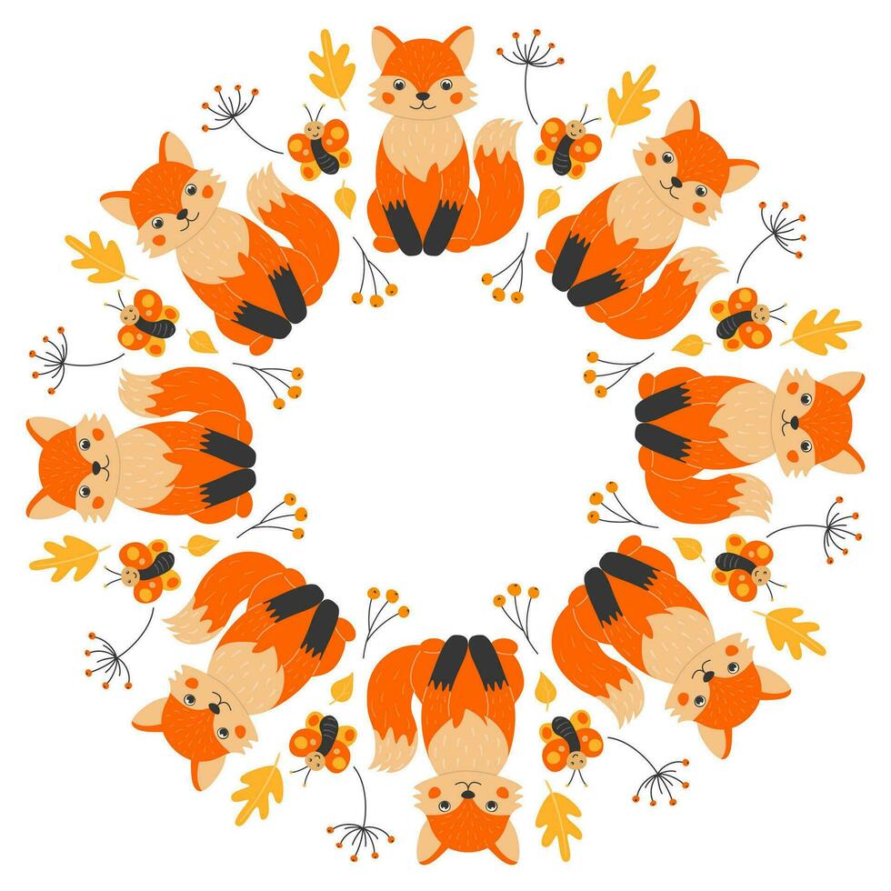 Vector round frame of cute foxes, butterflies, twigs and leaves in cartoon style. Forest animals and plants. Autumn in the forest. Space for text.