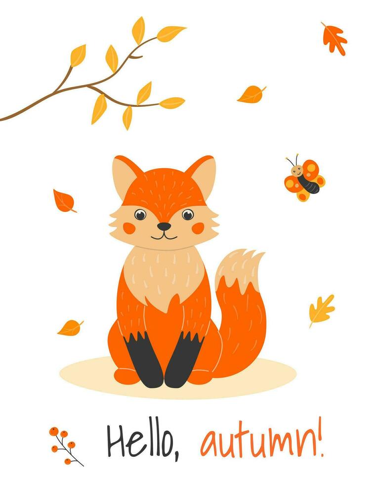 Vector illustration with cute fox, butterfly and leaf fall in cartoon style. Forest animals and plants. Hello autumn. Poster in A4 format.