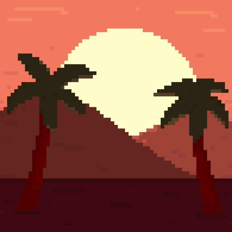 sunset pixel art illustration, vector, mountains, palm, sunset, 8 bit landscape, arcade game, level vector