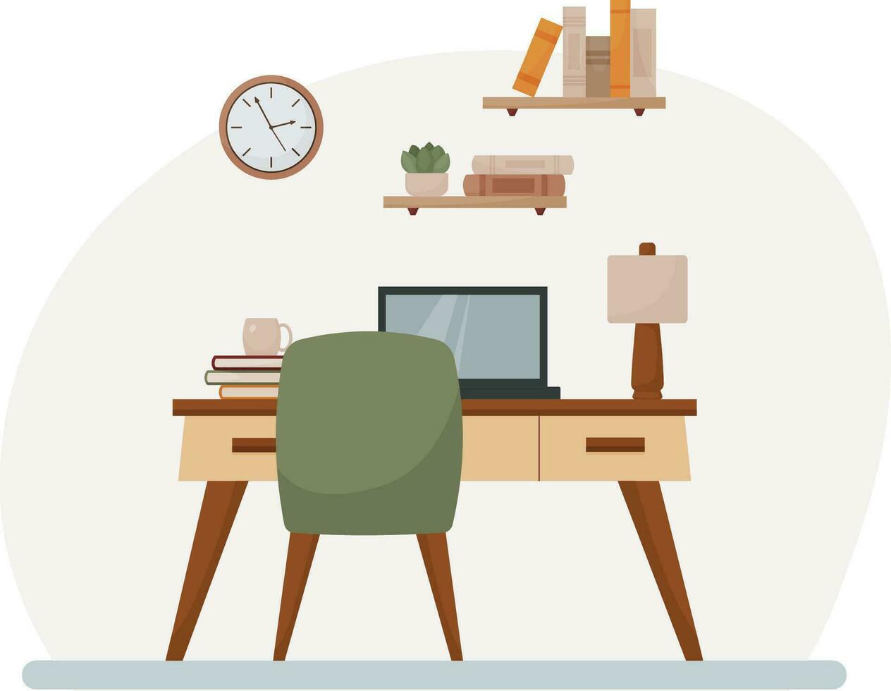 workspace room interior, flat style, cabinet, home office, modern interior, chair, desk, bookshelf, books, lamp, plant, laptop, mug, vector illustration