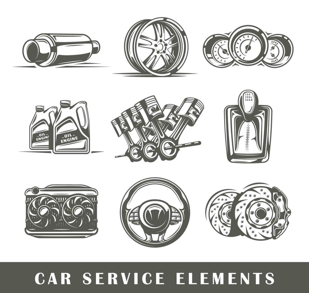 Set of elements of the car service isolated on white background vector