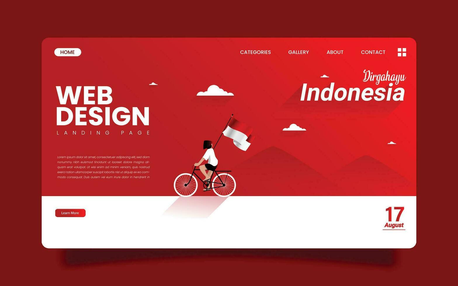 Landing Page - Indonesian Independence Day August 17 with the theme of small children pedaling bicycles carrying the red and white Indonesian flag. vector