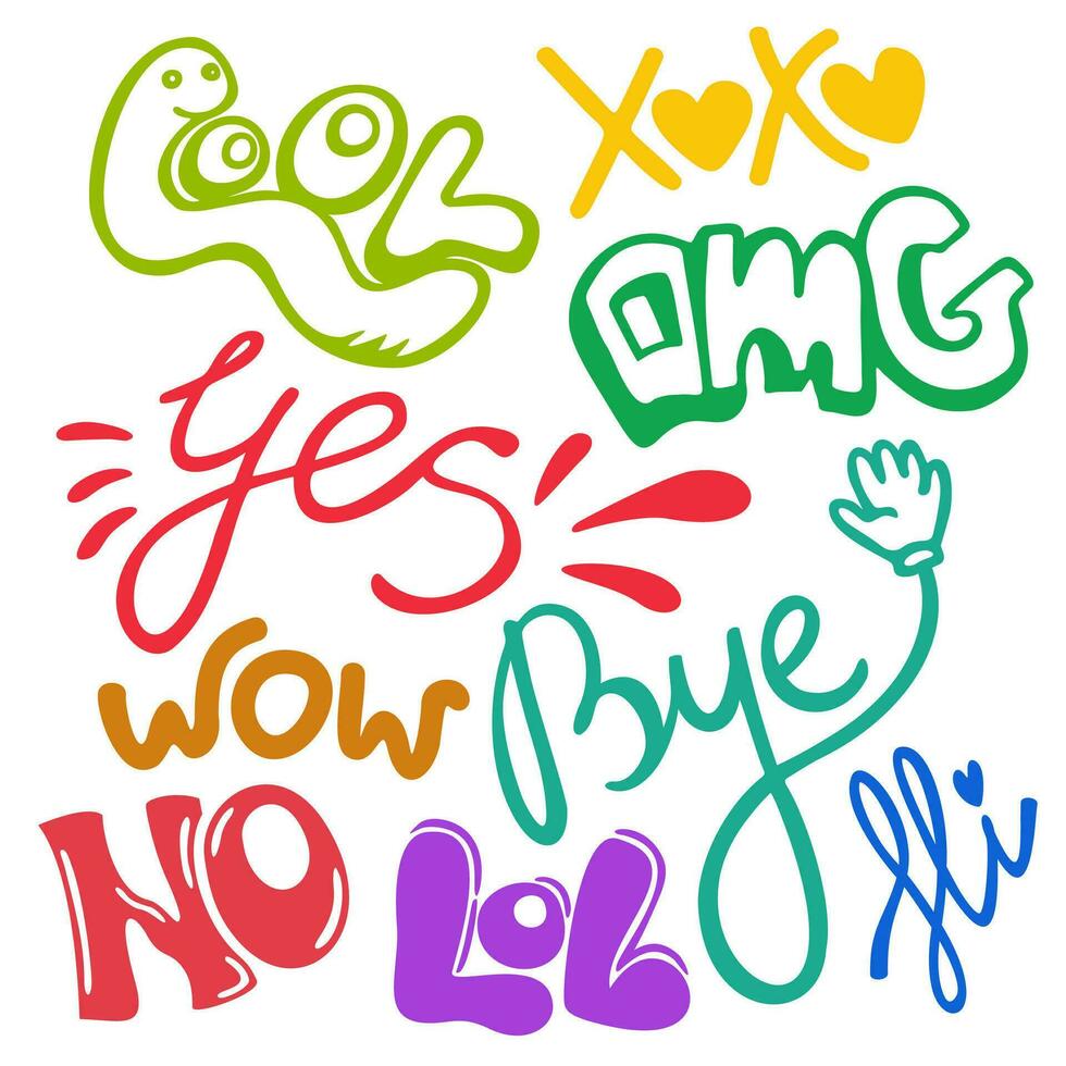 Hand drawn colorful set of short phrases. Online chat stickers with different expressions. Vector isolated on white background.