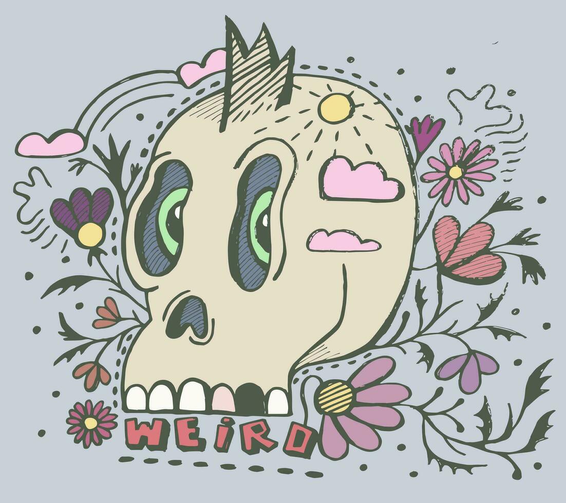 Weird. Vector decorative illustration of skull among flowers