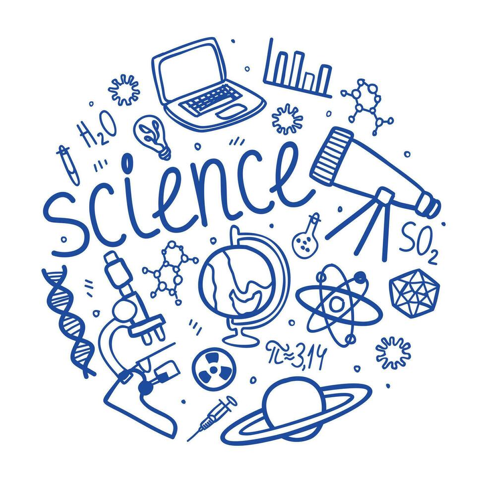 Vector doodle set of science elements. Science items with lettering isolated on white background
