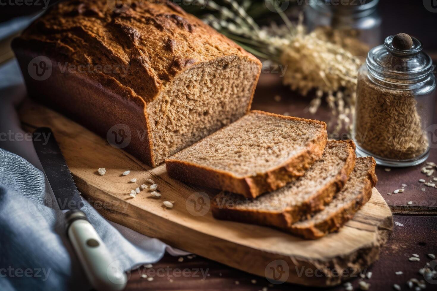 stock photo of rye bread in kitchen table flat lay AI Generated