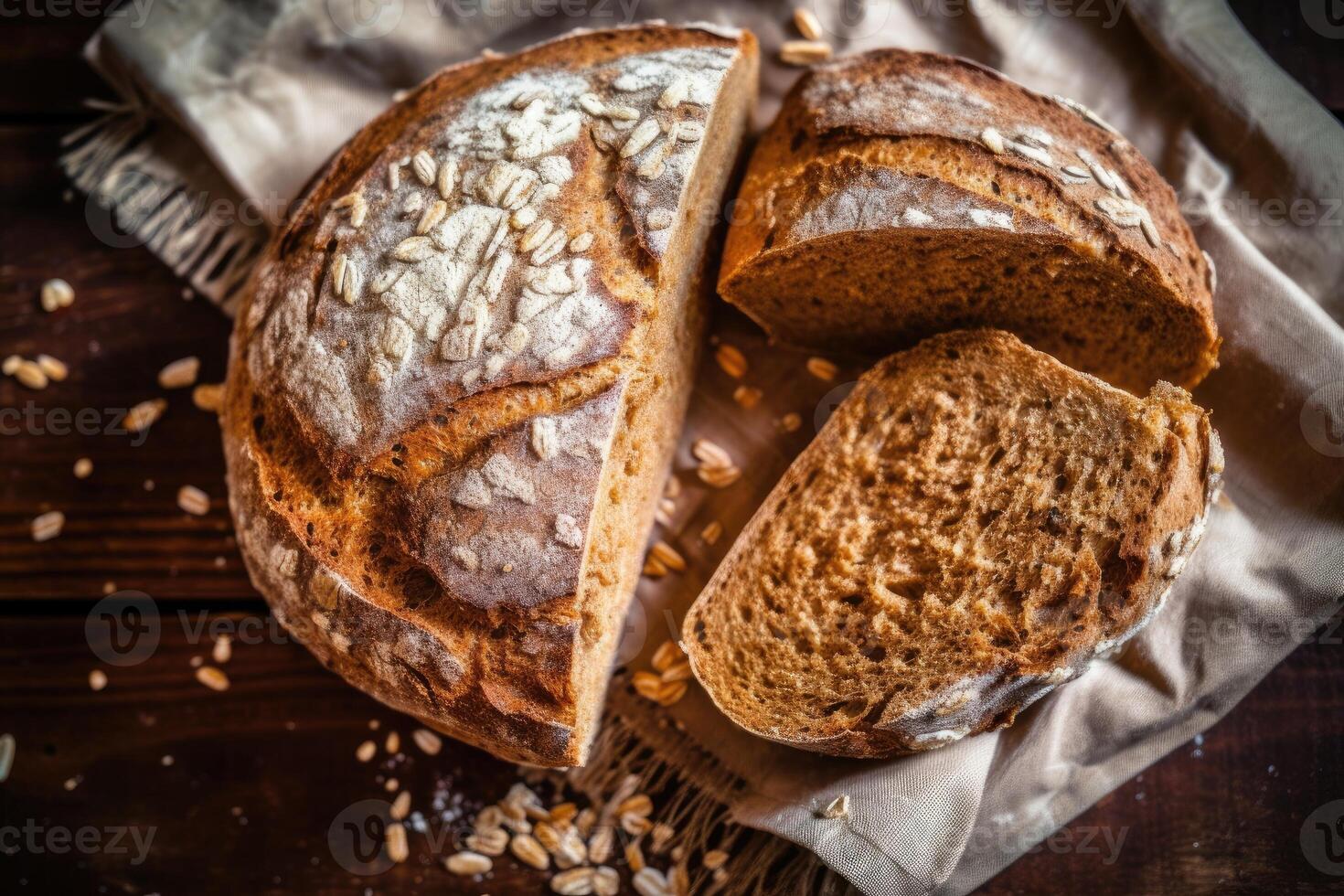 stock photo of whole grain bread in kitchen table flat lay