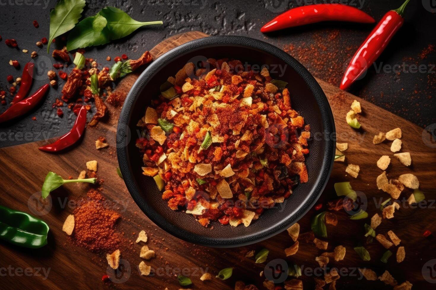 stock photo chilli flakes in kitchen table flat lay