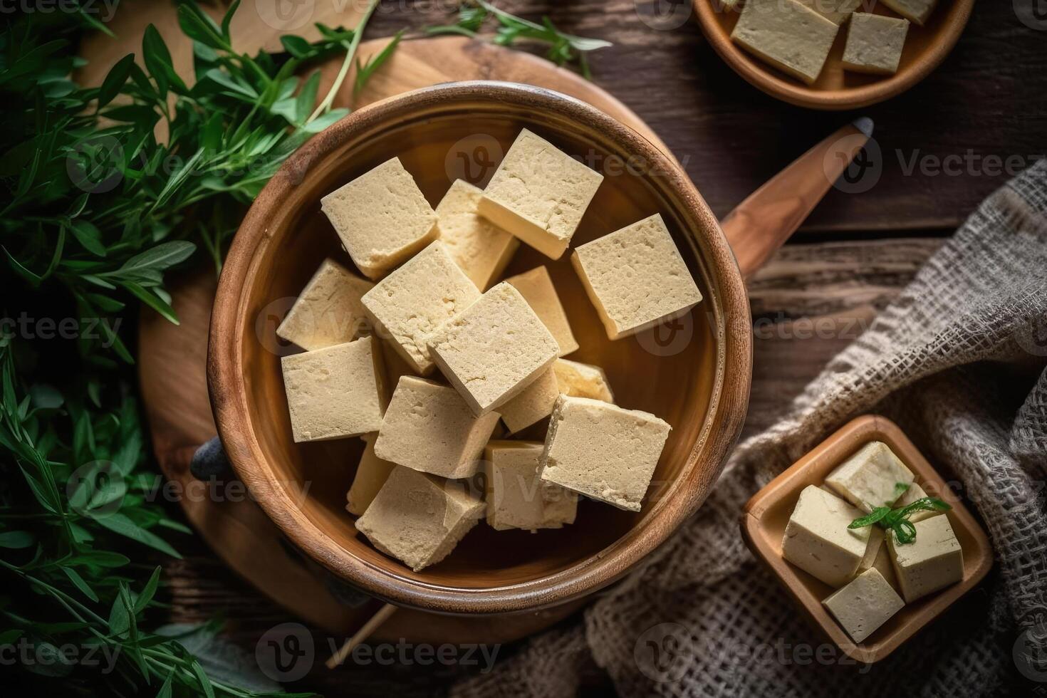 stock photo raw tofu in kitchen table flat lay
