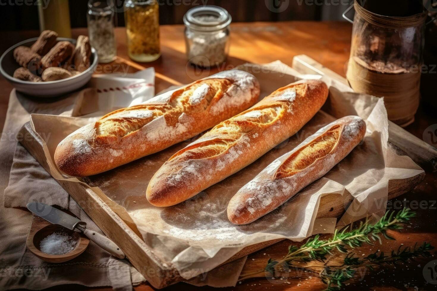 stock photo of french bread or baguette in kitchen table AI Generated