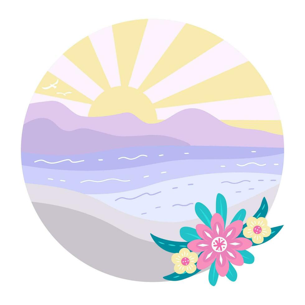 sea, sunset landscape, sunrise. Illustration for printing, backgrounds, covers and packaging. Image can be used for greeting cards, posters, stickers and textile. Isolated on white background. vector