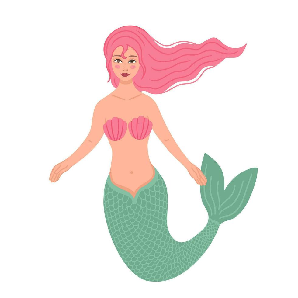 Mermaid with pink hair. Illustration for printing, backgrounds, covers and packaging. Image can be used for greeting cards, posters, stickers and textile. Isolated on white background. vector