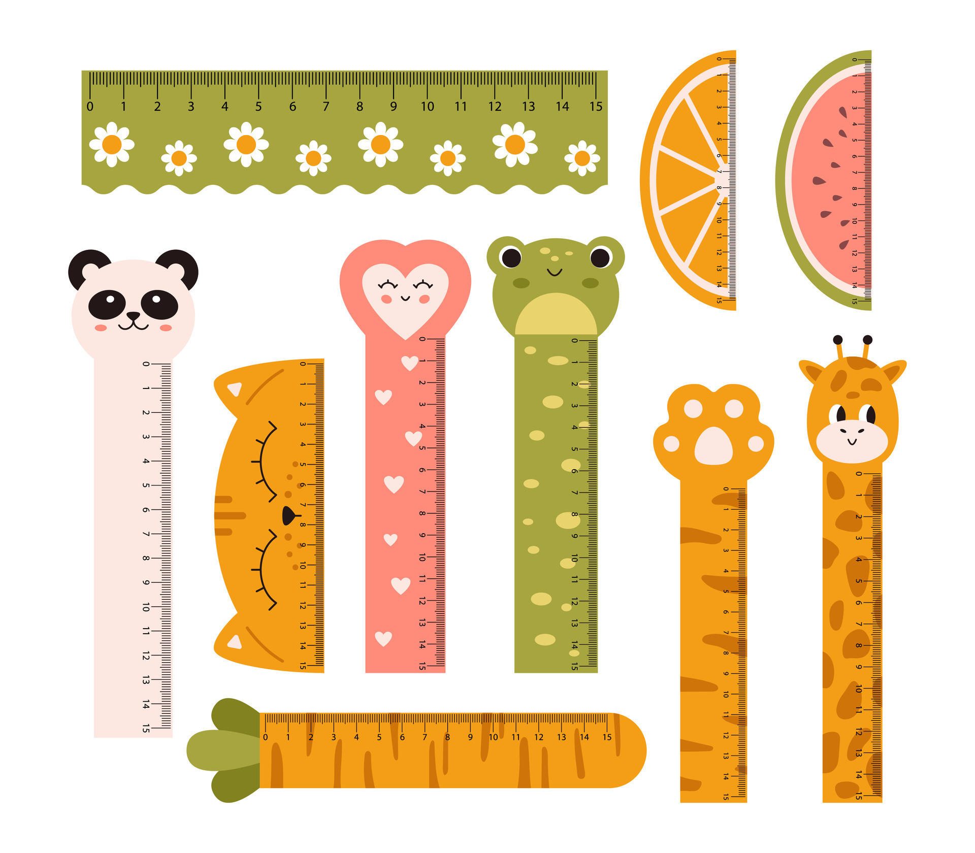 Vector set with cute measuring rulers. Kawaii collection in flat