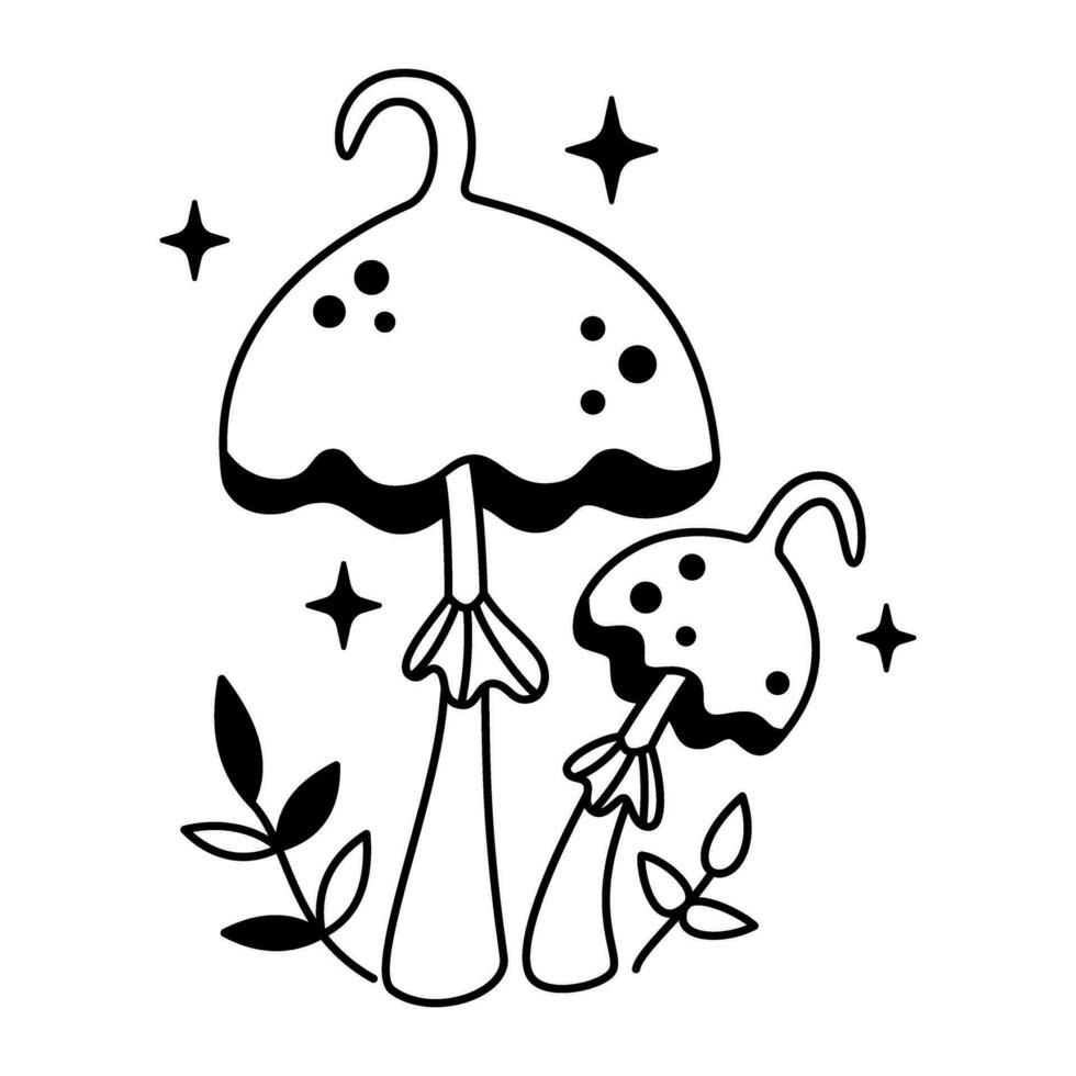 Vector witchy magical mushrooms with stars and dots in black color. Outline magic mushrooms and leaves. Fairytale esoteric mushrooms.