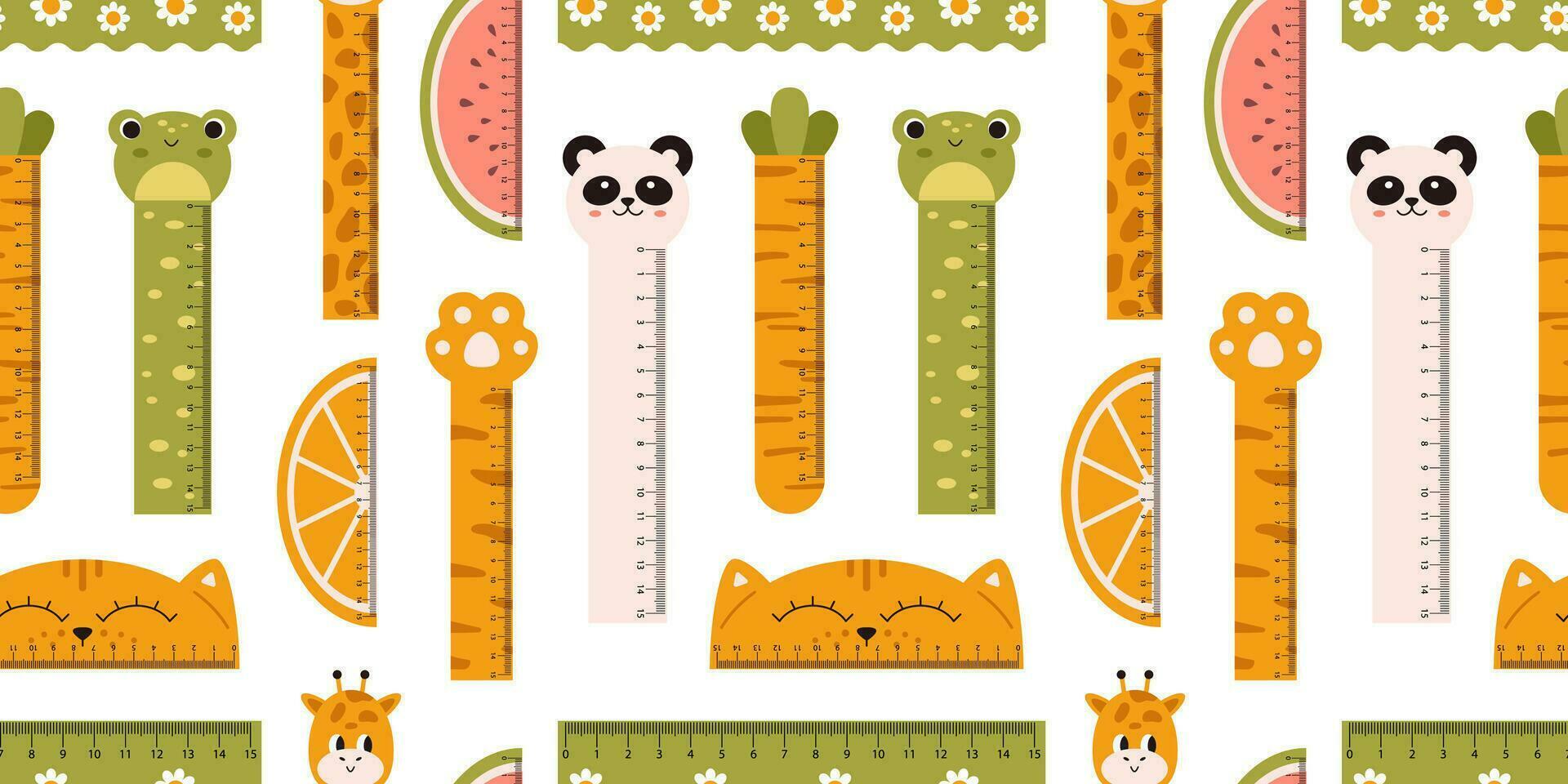 Vector seamless pattern with cute measuring rulers. Kawaii background in flat design. Funny animals and fruits on rulers seamless pattern. Print with measuring tools.