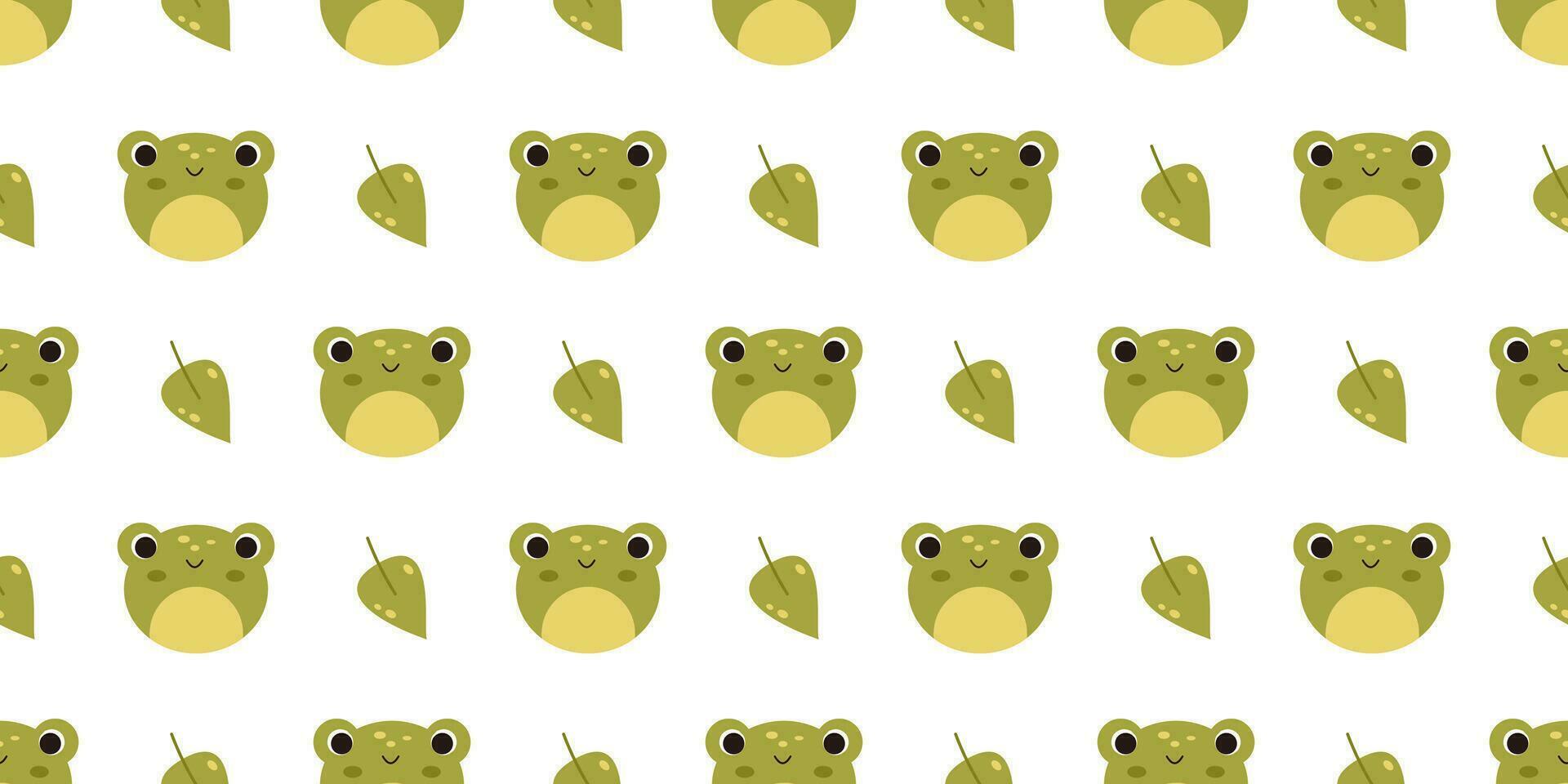 Vector seamless pattern with cute frogs and leaves. Kawaii baby frogs on white background. Funny childish seamless pattern.