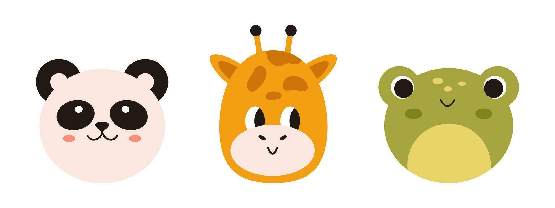 Vector set with kawaii animal faces. Design for kids. Baby frog, panda and giraffe heads. Cute childish smiling animal collection. Funny animals in flat design.