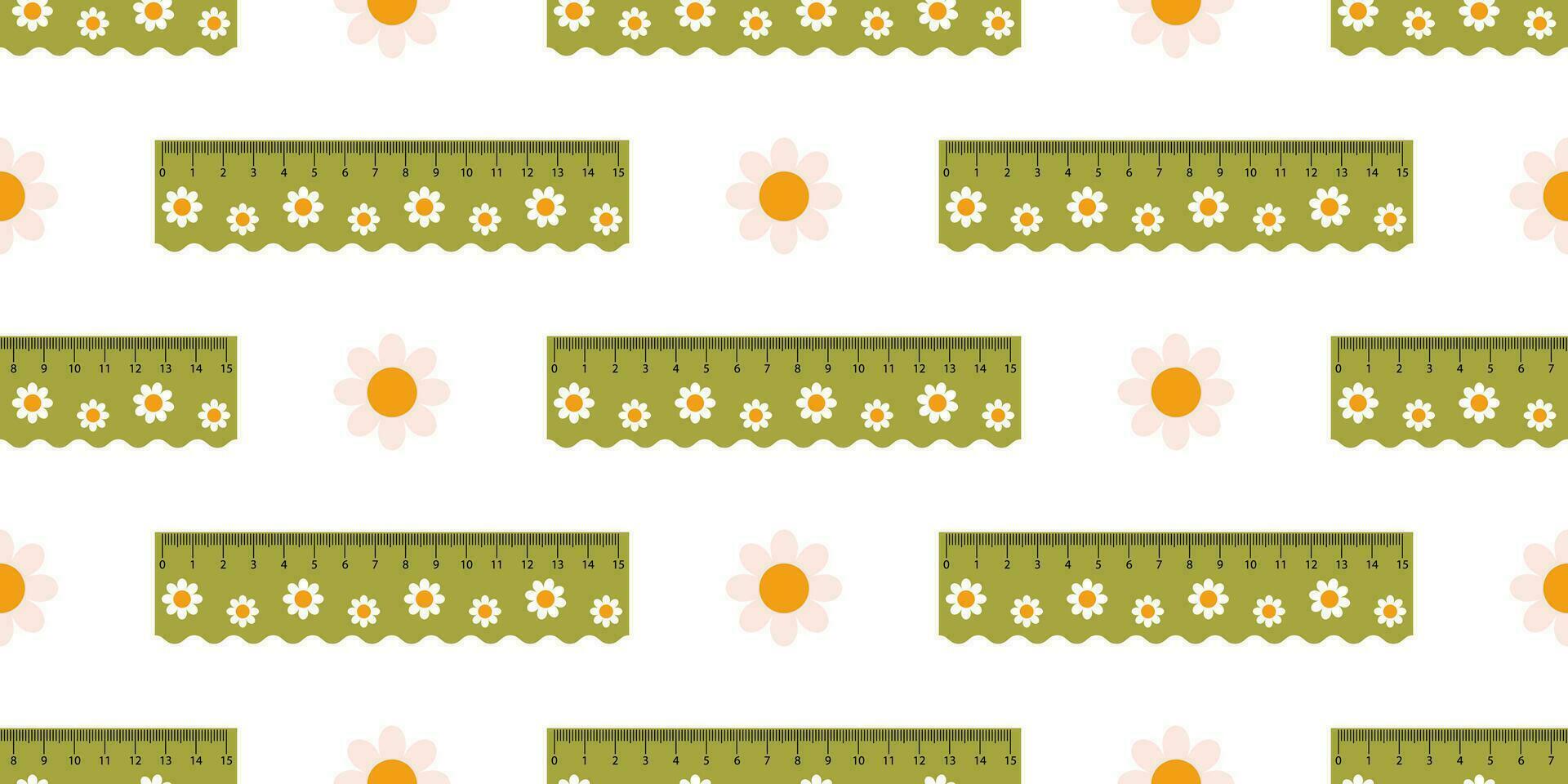 Vector seamless pattern with cute green measuring rulers. School rulers and chamomile flowers on white background in flat design.  Print with measuring tools.